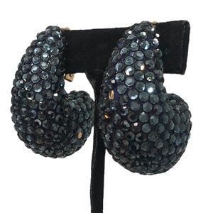 VINTAGE RICHARD KERR NAVY BLUE RHINESTONE PUFFY TEARDROP CLIP ON EARRINGS